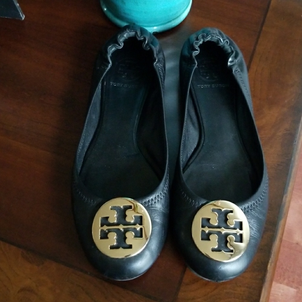 Tory Burch Black Flats with Gold Logo